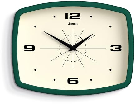 JONES CLOCKS® Movie Wanduhr | Rechteckige Retro-Uhr | 25 cm | Dunkelgrün | Cooler mid-Century-Designer-Look für küche, Wohnzimmer oder büro
