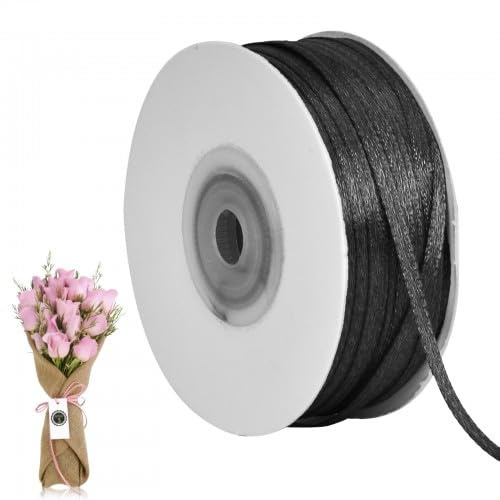 Satinband 3mm, Satinband Schwarz 91 m, Geschenkband Fein Schleifenband, Deko Schleifenband für Hochzeit, Taufe, Geburtstagsgeschenk