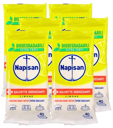 Salviette LIMONE Igienizzanti Multiuso, Biodegradabili, Extra Forti. Rimuovono Germi e Batteri, Grande Potere Sgrassante. Confezione Da 40 Salviette (6 Confezioni)