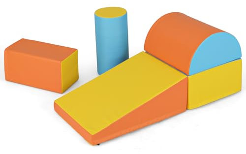 GOPLUS Bloques de Escalada de Espuma para Niños, Conjunto de Juego de Actividad para Trepar y Gatear de 5 Piezas con Cubierta de PU Impermeable Extraíble, Estructuras de Espuma (Azul y Amarillo)