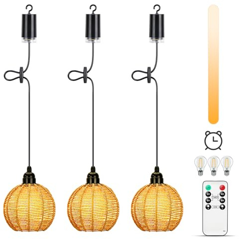 Lightsjoy 3er Boho Rattan Pendelleuchten, dimmbar, Fernbedienung, IP65