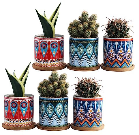 POPETPOP 3stücke Teiliges Mandala-Muster Keramik Blumentopf Mit Bambusuntersetzern Für Sukkulenten Und Zimmerpflanzen Dekorative Vasen Rot Blau Und Grün Pflanzen