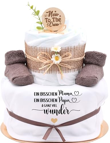 Trend Mama® | Windeltorte | Nature Design | Spruch wählbar| 27 Windeln (Größe 2) 1x Baby Lätzchen, Kuschelsocken |Geschenk Geburt (Design| ein bisschen Mama ein bisschen Papa und ganz viel Wunder)