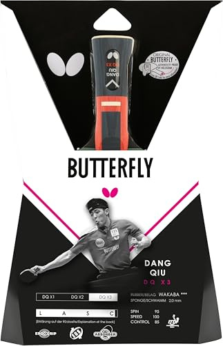 Butterfly® DANG QIU DQX3 Tischtennisschläger | Tischtennis Racket Bat | ITTF zugelassen | Ergo Grip & Shock-Absorber-Tube | 2,0 mm Wakaba Belag | konkave Griffform | für technisch fortgeschrittene Spi