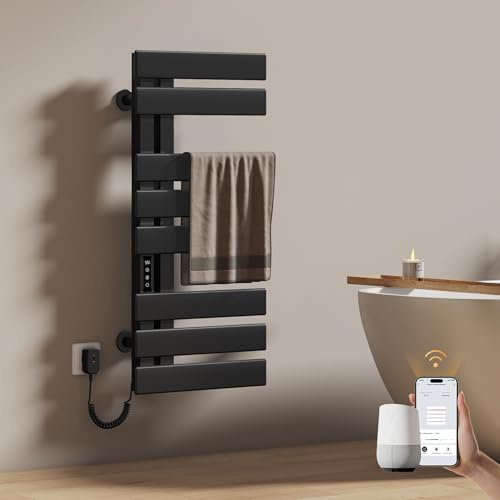 EMKE Elektrischer Badheizkörper Handtuchhalter 400 x 850 mm, Handtuchheizkörper Elektrisch Energie Sparen, Handtuchtrockner Handtuchwärmer Elektrisch für Alexa und Google Home und APP Schwarz 230W