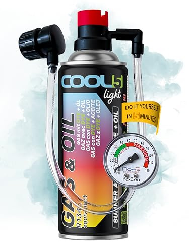 COOL5 HOBBY Ersättningsskydd Medium r134a för bilklimatanläggningar - 1 burk 2in1, 235 g med integrerad tryckslang med manometer