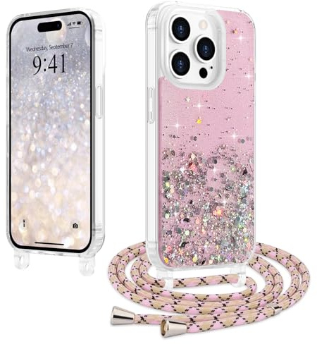 LCHULLE Crossbody Lanyard Case for iPhone 14 Pro Max with Strap, Pink | Adjustable Removable Neck Strap, Sparkle Glitter Phone Cover for Women, Clear TPU Bumper, Shockproof Drop Protection