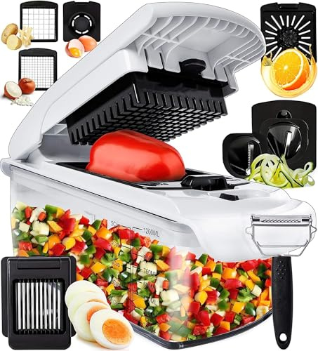 Taglia Verdure Affetta Manuale Spiralizzatore di Verdure - Multifunzione Tritatutto Affettatrice Manuale Tagliaverdure Frutta Cipolla Patate Cubetti Julienne (9-in-1 Bianco)