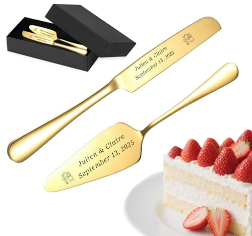 Ensemble de coupe-gâteau de mariage personnalisé, ensemble de couteaux et de serveurs à gâteau de mariage en acier inoxydable, cadeaux gravés personnalisés pour les mariés (Couteau à gâteau en or)