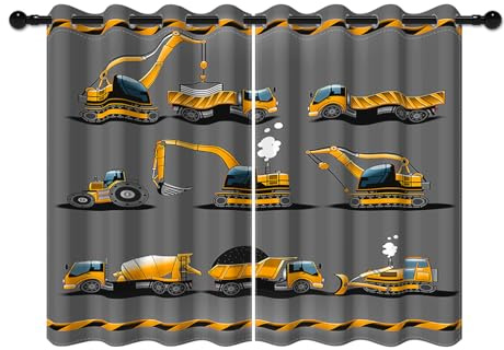 YONGFOTO 107x215cm Cortinas Excavadora para Dormitorio Infantil, Dibujos Animados Excavadora Obra Camión Tractor Maquinaria Coche Cortinas Opacas con Ojales para Habitación Niño, 2 Paneles