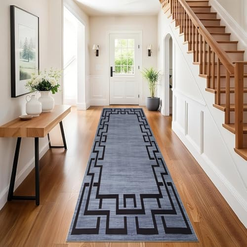 Hafaa Carpet Runners for Living room Grey Runner Rugs for Hallway Non-Slip long 80 x 300 cm – Greek Key Style Modern Low Pile Bedroom Carpet (Nico)
