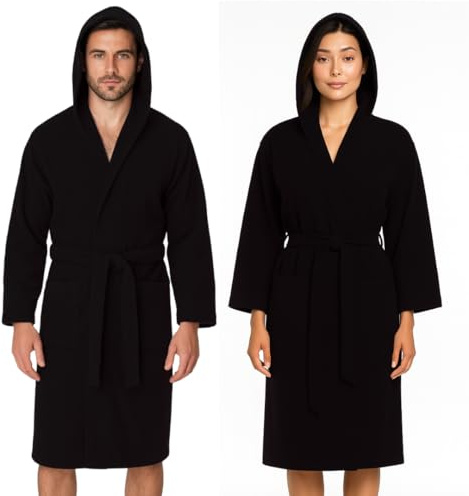 Jenny Sesal - Peignoir en microfibre pour homme et femme doux, léger, peu encombrant, à séchage rapide avec capuche, poches, ceinture avec passants et crochet, Noir , XL