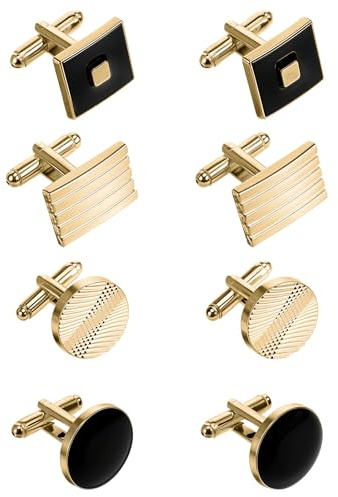 QFGasre 8 Pcs Men's Classic Cufflinks Cuff Links for Men Gold Black Striped Disc Square Rectangle Cuff Links Shirt Suit Men’s Jewelry or Accessories for Wedding Groom Business Elegant Gift