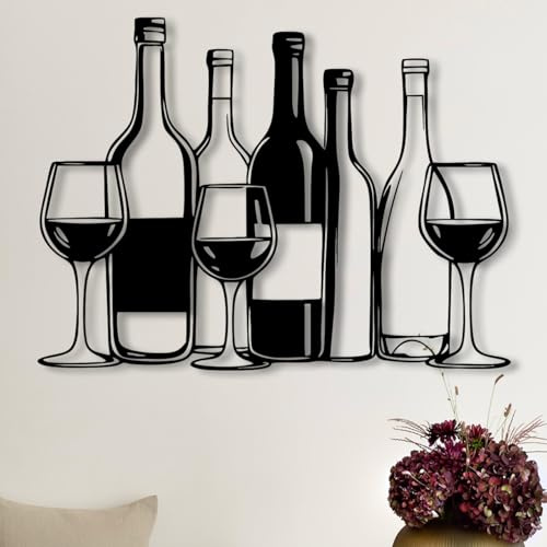 Dekory Décoration murale en métal noir – Bouteilles et verres à vin – Panneau décoratif pour bar, cave à vin, cuisine, salle à manger, restaurant – Cadeau amateur de vin - 40x30 CM