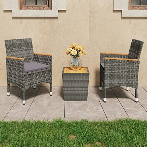 Teenpull 3-TLG. Bistro-Set aus grauem Poly Rattan & Akazienholz, witterungsbeständig, für Balkon, Terrasse & Garten, inklusive bequemer Sitzkissen