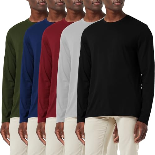 3-pack eller 5-pack bomullströja för män, lös passform, långärmad t-shirt, fukttransporterande, rundhalsad skjorta, komfort, ledig, baslayer-toppar, 5-pack: Svart/grå/röd/marinblå/grön, M