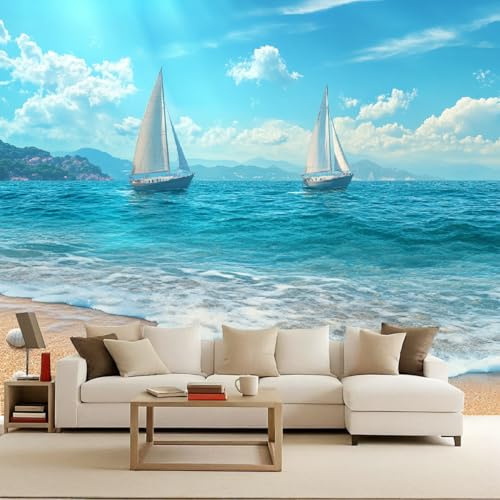 Fotomurale Cielo Blu Mare Barca Carta da parati murale 400x280 cm TNT Murale Vista sul mare alla moda Decorazione da Muro XXL Poster Gigante Design Carta per pareti Paesaggio