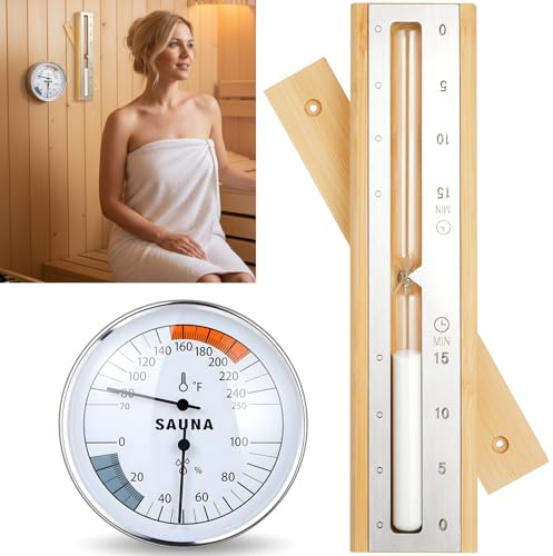 Tellegloww 2 Piece 2 in 1 Sauna Thermometer and Hygrometer and Sauna Timer Sand Set Fahrenheit & Celsius Handmade from Canadian Red Cedar Wood (Metal Style)