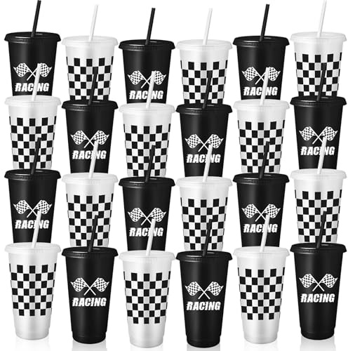 ASMIZ 24 Pack Race Car Party Cups with Lids and Straws, 24 oz Tumblers | Checkered Design, Reusable Cups for Kids Birthday, Grand Prix, Pit Stop Party Supplies and Travel Mugs