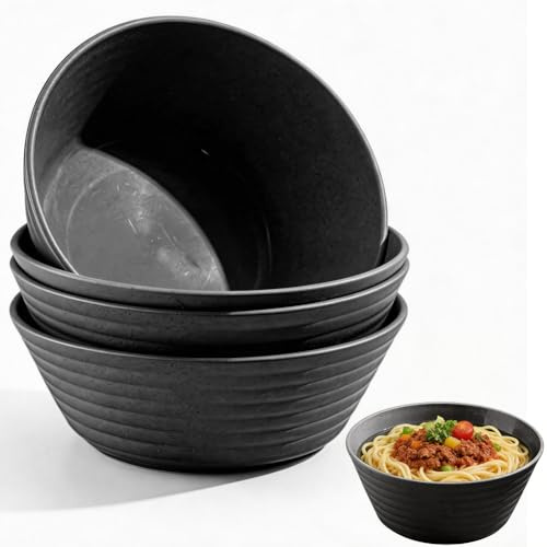 LOMUG Schüssel 20cm Groß Schwarz Bowl, 4er Müslischalen Obstschale, Unbreakable Salatschüssel Schalensets Suppenschalen Müslischalen für Kinder Erwachesene, Mikrowellen Spülmaschinenfest