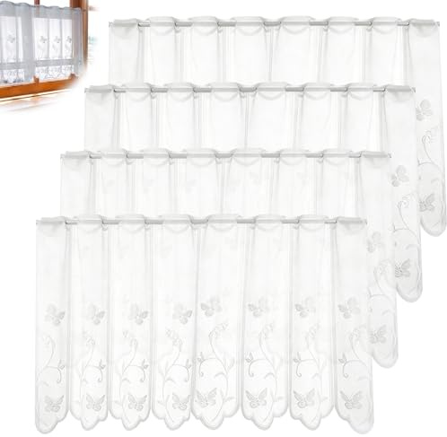 PLLYPE 4Pcs Scheibengardine, Bistrogardine mit Ösen, Kurze Küchengardinen mit Gebogter Kante, Weiß Halbtransparent Besticke Scheibengardinen für Küche Wohnzimmer Schrank Wohnwagen, 130x45cm