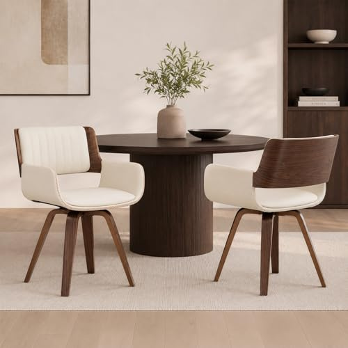 HOCEWI Swivel Dining Chairs Set of 2, Beige Faux Leather Mid-Century Modern Armchairs with Wooden Legs & Adjustable Foot Pads, Vintage Upholstered Kitchen Chairs for Dining Room, Living Room
