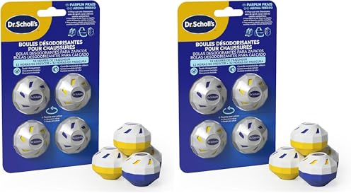Dr. Scholl's Bolas desodorantes x4 Mantienen tus zapatos, bolsos de deporte y mochilas con un olor fresco, Clínicamente probado, frescura todo el día, Reutilizable y de larga duración (Paquete de 2)