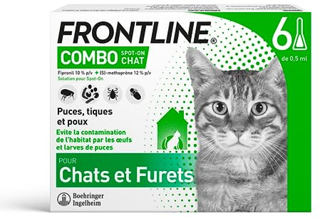 FRONTLINE Combo Chat - Anti Puces, Tiques & Poux - Contre Larves & Oeufs - Elimine & Tue - Protège L'Animal & L'Habitat - Jusqu'à 4 Semaines - Fabriqué En France - 6 Pipettes Application Spot On