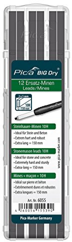 Pica 6055 I Spezial Steinhauer Ersatz-Minen für Pica Big Dry 6060 I Graphit Härte 10H I ideal für trockenes Mauerwerk, Stein und Beton I extrem hart und robust I 2x5 mm I 12 Stück