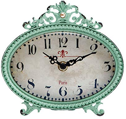 NIKKY HOME Vintage Table Clock, French Turquoise Color Rococo Style Desk Clock Battery Operated Rustic Design, Home Décor for Living Room, Bedroom, Bedside, Desk, Gift Clock - Distressed Green