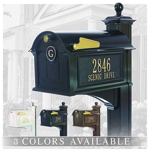 Whitehall™ Personalized Whitehall Balmoral Mailbox with Side Address Plaques, Monogram & Post Package (3 Colors Available)
