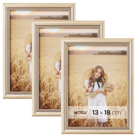WOLTU Bilderrahmen 13x18, 3er set, Massivholz Fotorahmen mit Passepartout | Gold, Front aus PS-Platte, Posterrahmen zum vertikalen oder horizontalen Aufhängen und Aufstellen, Collage Wanddeko