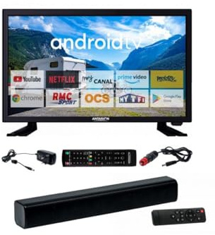 ANTARION Pack Televisor Smart TV 22'' Pequeña Connect Netflix Camping 12 V + barra de sonido compacta