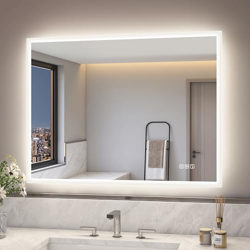 S'bagno Badrumsspegel med ljus, 60 x 80 cm LED-badrumsspegel med anti-dimma, 3 färger, justerbar, minne, HD-härdat glas, IP44 vattentät, vertikal/horisontell