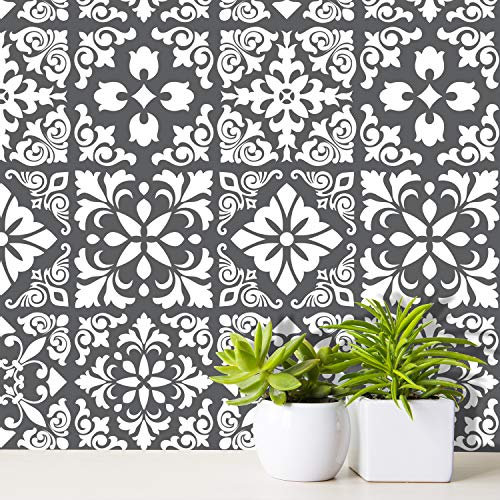 WALPLUS 48pcs 15cm/11.63sqft Dark Grey Spanish Renaissance Tiles Removable Peel and Stick Mosaic Tiles Vinyl Self Adhesive Backsplash Bathroom Kitchen Stick On Tile Paint Tile On Wall