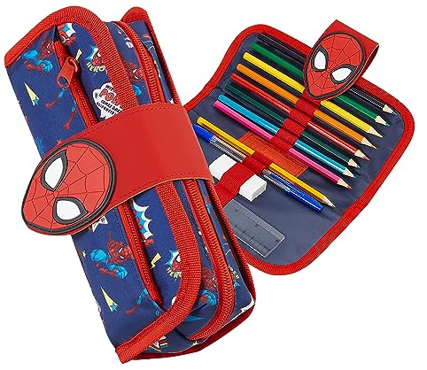 Marvel Federmäppchen für Jungen, Spiderman 2-in1 Federtasche, Schule Federmappe Jungen mit 8 Buntstiften, Kugelschreiber, HB-Bleistift, Radiergummi, Lineal, & Abnehmbare Tasche, Spiderman Geschenk