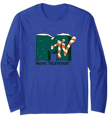 MTV Logo Holiday Candy Cane Manche Longue, Unisexe pour Adultes, Bleu Royal, M