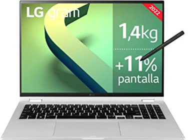 LG gram 16T90Q-G.AA79B - Ordenador Portátil Ultraligero Convertible 2en1, 16 pulgadas (40.6cm), 1.4kg, Intel EVO i7 12ª gen, 16GB RAM, 1TB SSD NVMe, Windows 11 Home, Teclado Español, Color Plata