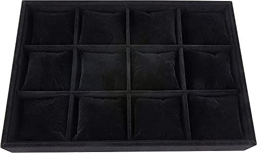 KOMUNJ Plateau pour montres à 12 emplacements - Plateau en velours - Plateau d'exposition - Présentoir Bijoux, Présentoirs à Bijoux, Boîte à bijoux empilable (noir), Noir, Moderne