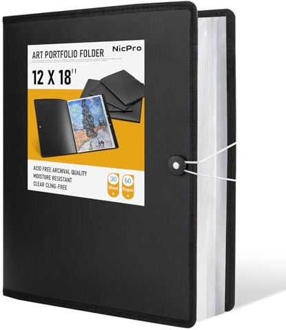 Nicpro Portfolio d'art, 30,5 x 45,7 cm, 30 Poches, 60 Pages de présentation avec Pochettes en Plastique Transparent, Livre de Rangement pour Enfants et Artistes, Dessin, Noir