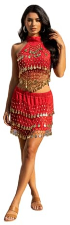 Conjunto Danza del Vientre de Top y Mini Falda con monedas para bailar la Danza del Vientre (ROJO)