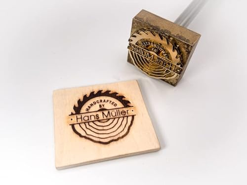 Dein Brandstempel extern beheizter Schriftzug im Motiv Sägeblatt und Baumscheibe für Holz, Leder, Pappe - personalisiertes Brandeisen, individueller Brennstempel in 40 x 39 mm