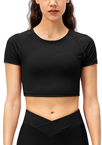 Hanyomo Donna Sport Fitness Workout Manica Corta Camicie Magliette Compressione Yoga T Shirts Workout Top Corto Nero M