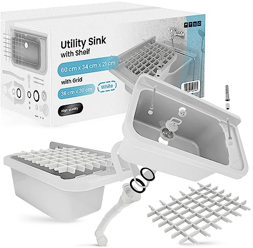 Universal-Ausgussbecken Grau 65 x 34 x 21 cm Waschbecken mit Ablage Spülbecken mit einem Gitter 36 x 30 cm Waschtrog für Garage Außen Innen Untergeschoss Werkstatt und Waschküche