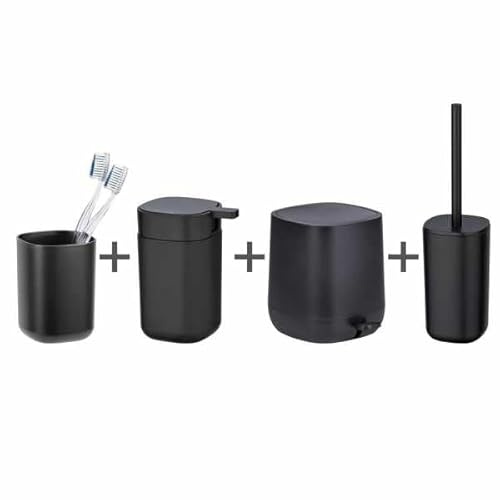 Bad-Accessoire Set Mod. Davos 4-teilig Seifenspender 350 ml Zahnputzbecher WC-Garnitur 5 L Kosmetikeimer Kunststoff PP BPA-frei Schwarz matt