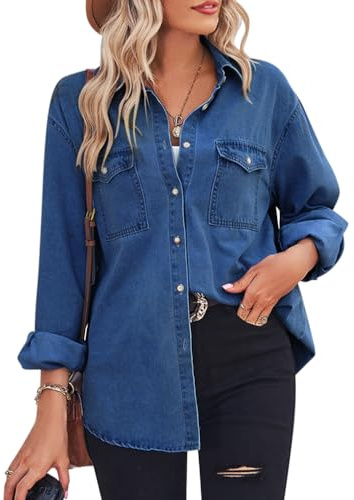 Minetom Chemisier en Jean Femme Denim Manches Longues Shirt Chemise Blouse Tops Décontracté Boutons Tunique Hauts B Bleu L