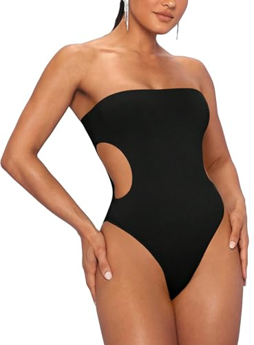 SHENHE Women's Cut Out Strapless Bodycon Sexy Tube Top Skinny Bodysuit Leotard Black Medium
