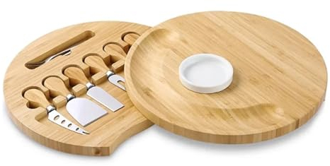 TRoki Juego de cuchillos y tabla de queso giratoria de bambú: una tabla de cortar versátil para el comedor del hogar con almacenamiento doble