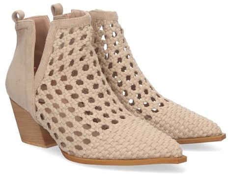 shoes&blues.es 80829-Botin Elegante de Mujer con Tacon, Diseno Calado con Tiras Trenzadas, de Punta Fina, y Abierto por los Dos Laterales para mas Comodidad.. Talla 38 Beige