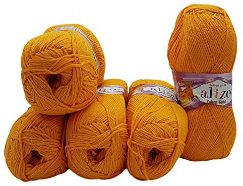500g Strickwolle Ilkadim Export Cotton gold einfarbig, 5 x 100g Strickgarn mit 55% Baumwolle, uni (orange 83)